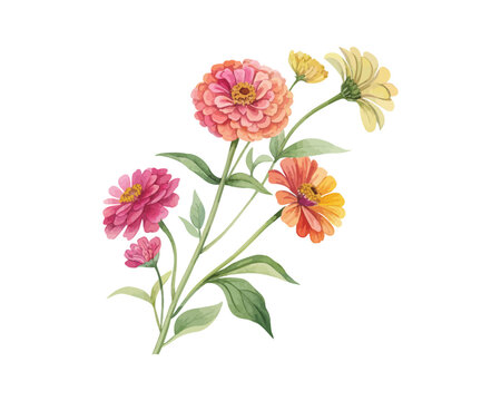 watercolor Zinnia Branch vector illustration isolated on white background