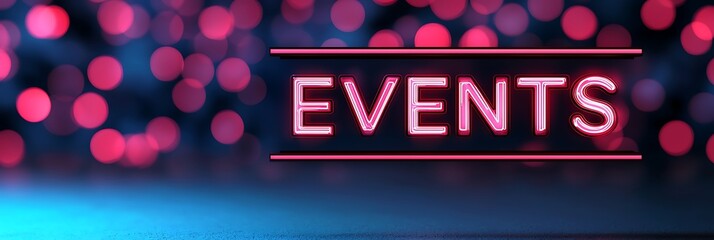 Neon "EVENTS" sign glows with pink and red lights against a dark, blurred background filled with circular bokeh lights.