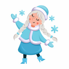 Russian Snegurochka or Snow Maiden dancing on white background. Vector illustration in cartoon style. Merry Christmas and Happy New Year.