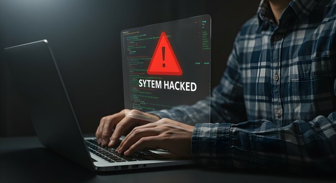 Man typing on a laptop with a digital overlay showing a "system hacked" warning symbol. Cybersecurity concept for data breach.