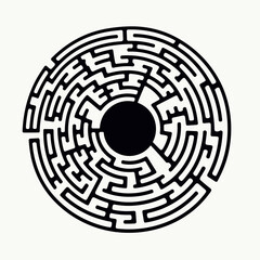 Circular Maze Puzzle with a Black Center, Representing Challenge and Problem Solving, Isolated on White Background