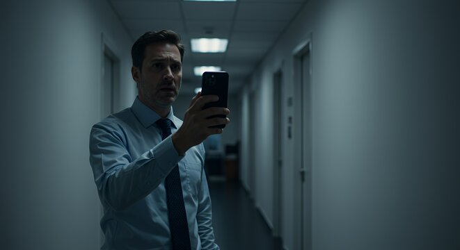 A worried businessman examines his phone in a dimly lit office hallway late at night, his expression reflecting concern and uncertainty.