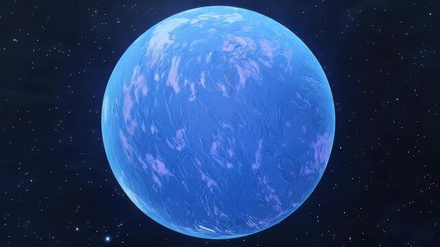 A blue planet in space with visible pixelation detail, featuring a textured surface and a starry backdrop. The planet's surface has lighter purple areas, illuminated by stars.