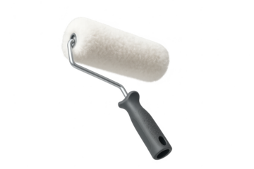 New white paint roller with a grey handle, isolated on transparent background