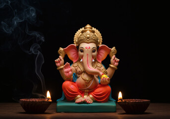 Ganpati Statue with Burning Oil Lamp
