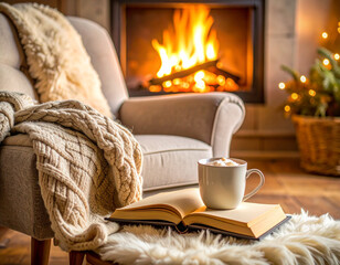 Warm cozy coffee cup and book by the fireplace intimate living room setting relaxing atmosphere inviting environment