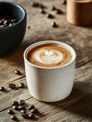 Brewing bliss latte art mastery in a cozy rustic  - captivating close-up coffee culture photography