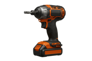 Powerful orange and black cordless impact driver isolated on transparent background.