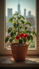 Tomato plant with ripe tomatoes in a pot on a windowsill with city buildings in the background