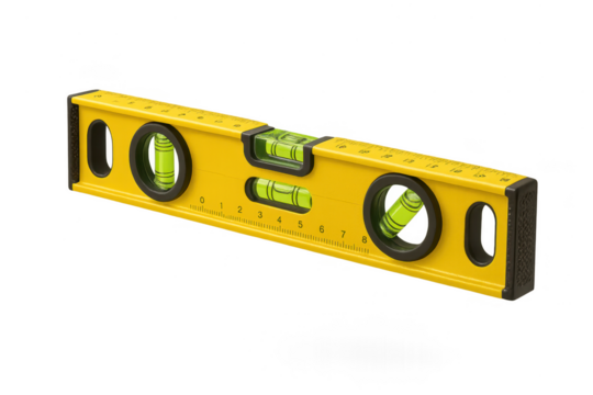 Bright yellow spirit level isolated on transparent background, measuring tool