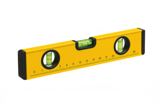 Bright yellow spirit level isolated on transparent background, a measuring tool