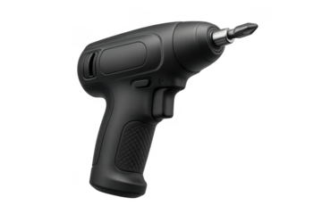 Sleek black cordless electric screwdriver isolated on transparent background