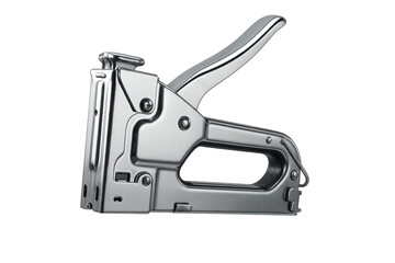 Shiny metallic staple gun, powerful tool isolated on transparent background.