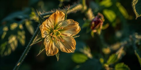 A close up shot of a yellow flower with green center and a blurry background of leaves and buds