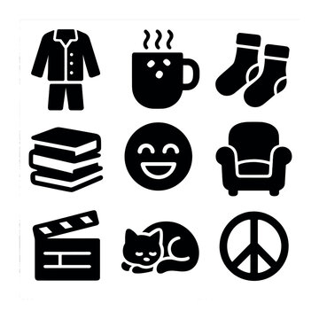 Weekend Relaxation Icons. Solid, filled icons set of weekend relaxation: pajama icon, hot chocolate mug, cozy