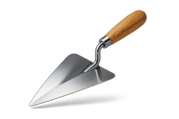 Shiny metal masonry trowel with wooden handle isolated on transparent background