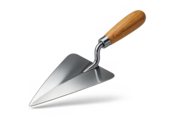 Shiny metal masonry trowel with wooden handle isolated on transparent background