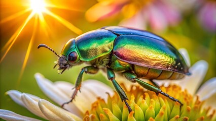 Naklejka premium A Vibrant Green Beetle, Iridescent in Sunlight, Perched on a Delicate White Flower, a Stunning Display of Nature's Beauty
