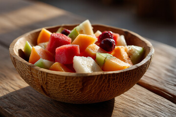 Fresh fruit salad served in a wooden bowl on a rustic table during golden hour