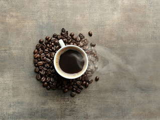 Brewing perfection coffee cup over coffee beans kitchen counter food photography rustic environment top view aroma and flavor