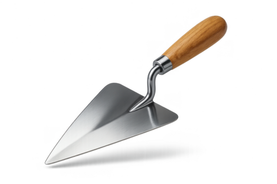 Shiny metal masonry trowel with wooden handle isolated on transparent background