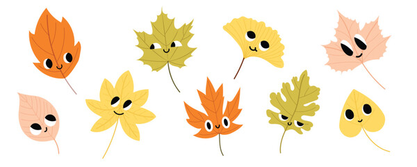 Fototapeta premium Funny autumn leaves characters set with cute smiling faces. Colorful fall foliage with emotions for kids, stickers, posters, games. Flat vector illustration isolated on white background.