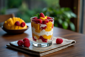 Fresh fruit parfait with mango and raspberry layers served in a glass on a wooden table