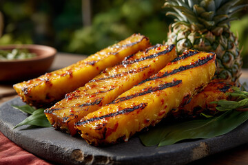 Grilled pineapple slices garnished with herbs on a black stone plate in a natural setting
