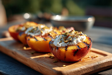 Grilled peaches with yogurt and nuts served on a wooden platter in a garden setting