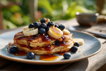 Fluffy pancakes topped with bananas and blueberries served on a rustic wooden table in a sunny outdoor setting