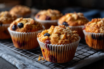 Freshly baked muffins with fruit topping cooling on a wire rack in a cozy kitchen