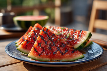 Grilled watermelon slices served on a blue plate at an outdoor gathering during summer afternoon