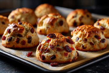 Freshly baked scones cooling on a tray in a cozy kitchen during morning hours
