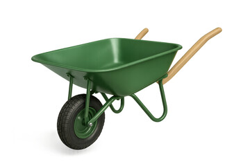 Green wheelbarrow with wooden handles isolated on transparent background, garden tool
