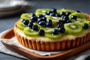 Delicious fruit tart featuring kiwi and blueberries displayed on a wooden platter in a kitchen setting