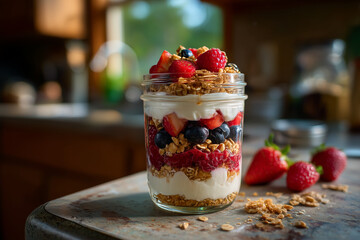Colorful berry parfait with layers of yogurt, granola, and fresh fruit on a kitchen counter in the morning light