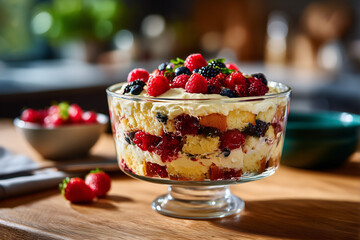 Delicious berry trifle with layers of sponge cake, cream, and fresh fruits at a sunny kitchen table