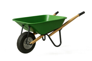 Green wheelbarrow for gardening and construction work, isolated on transparent background