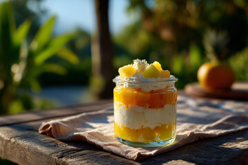 Delightful layered fruit dessert served in a jar on a wooden table in a garden during sunset
