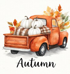 An orange truck is filled with pumpkins and is labeled with the word Autumn