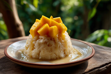 Sweet mango and sticky rice dessert served on a plate in a tropical garden setting during the afternoon