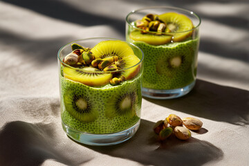 Fresh kiwi and pistachio dessert served in elegant glasses on a soft backdrop during a sunny afternoon