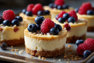 Mini cheesecake desserts topped with fresh berries and served on a tray in a cozy kitchen setting