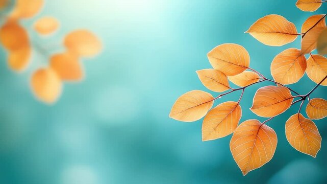 Branch of amber leaves against a teal background; single leaf in blurred motion