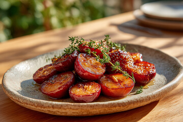 Deliciously caramelized plums garnished with fresh thyme served on a rustic plate during a sunny outdoor meal