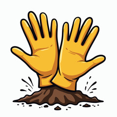 Obraz premium Cartoon Illustration of Yellow Gardening Gloves Emerging from Soil, Symbolizing Gardening and Outdoor Work