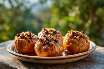 Baked apples with nuts and dried fruits served on a wooden table in a sunny garden setting
