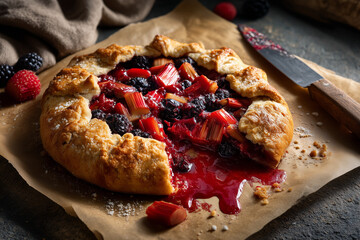 Berry and rhubarb galette on parchment with fresh berries and a knife in a rustic kitchen setting