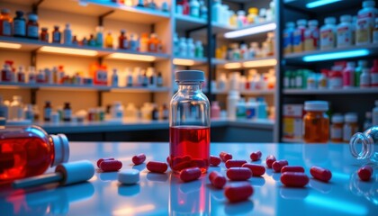 a well stocked pharmacy counter filled with various bottles of medications and health products. in the foreground, there's a small grouping of red capsules, and nearby is an open bottle of pills