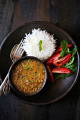 Indian Meal Platter, Dal Chawal, Rice & Lentils with a salad